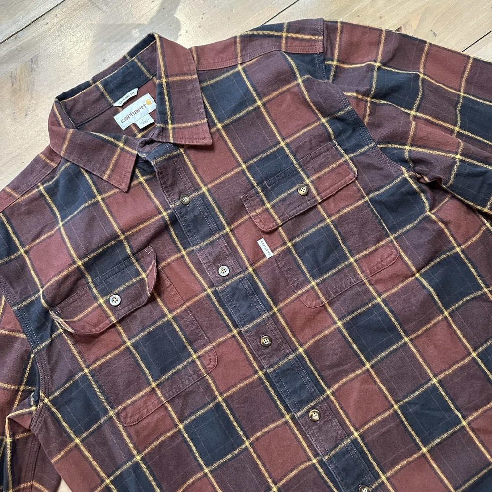 Carhartt‎ Mens Large Burgundy Black Plaid Original Fit Flannel Button Up 102215
